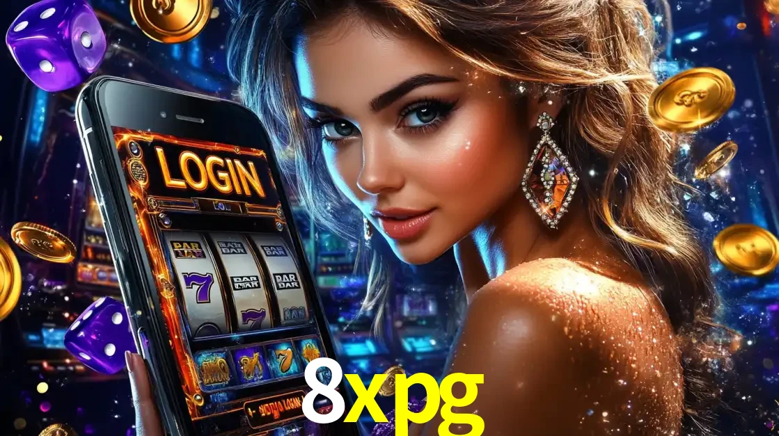 Mulher glamorosa segurando um smartphone com a tela de login para os jogos de caça-níqueis do cassino online 8xpg, com moedas de ouro e dados ao redor.