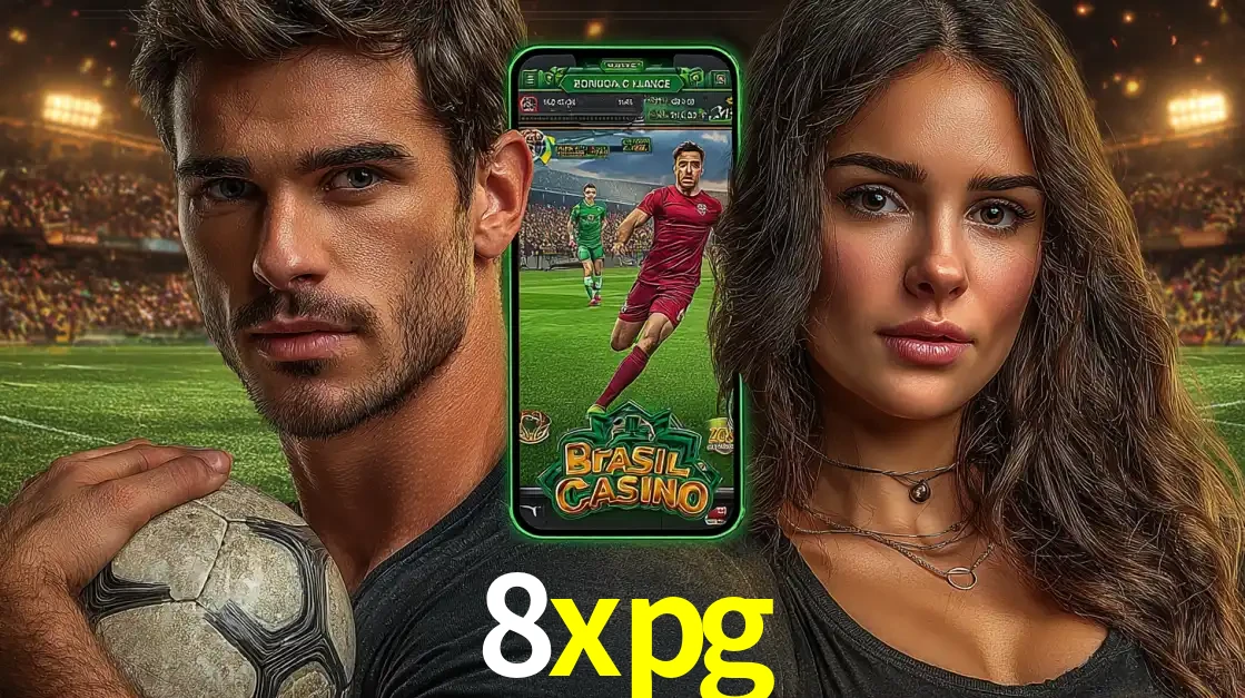 Homem segurando uma bola de futebol e uma mulher ao lado de um smartphone exibindo o jogo de apostas esportivas da 8xpg. Faça seu palpite no cassino online.